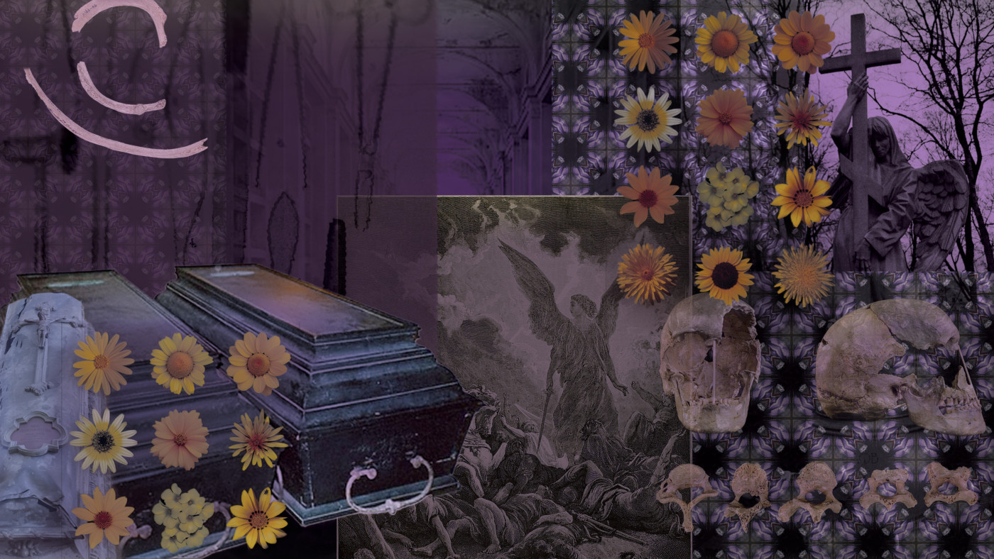 Undertaker collage of coffins, skulls, yellow flowers, and cemetery angels
